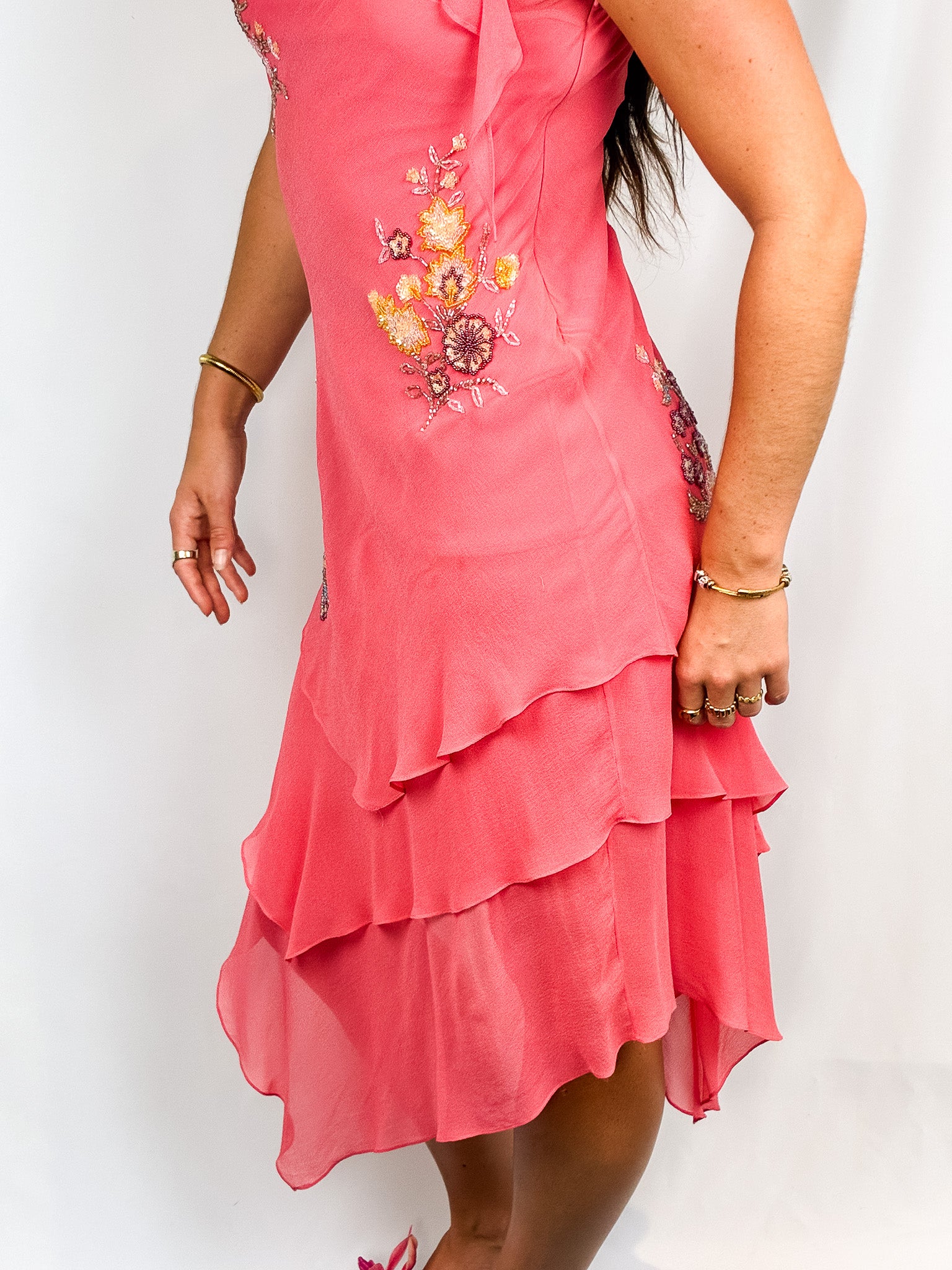 Sue Wong Nocturne 2000s Coral Silk Beaded Floral Handkerchief Hem Dress - S *As Is