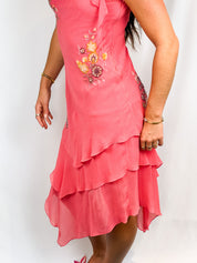 Sue Wong Nocturne 2000s Coral Silk Beaded Floral Handkerchief Hem Dress - S *As Is