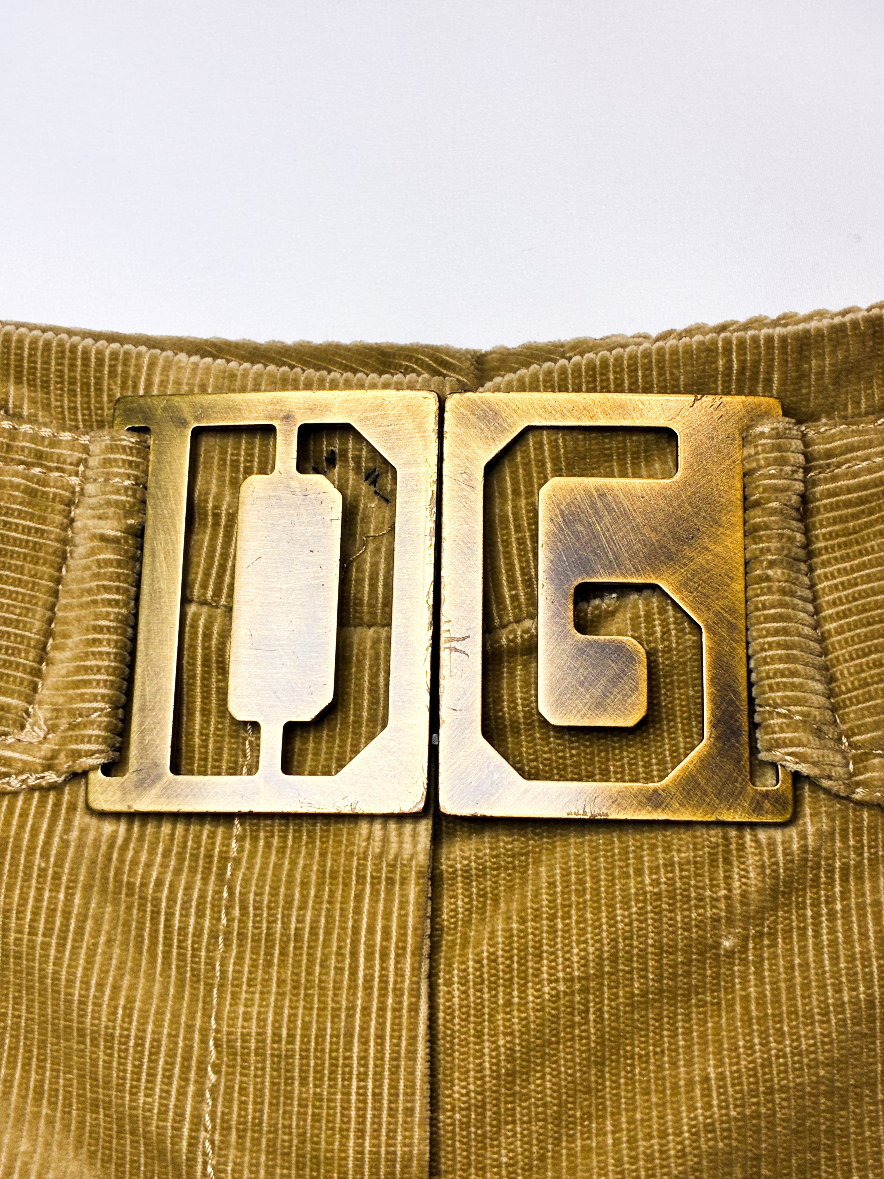 Dolce & Gabbana 2000s Tan Corduroy DG Buckle Low Rise Flare Pants - W27
