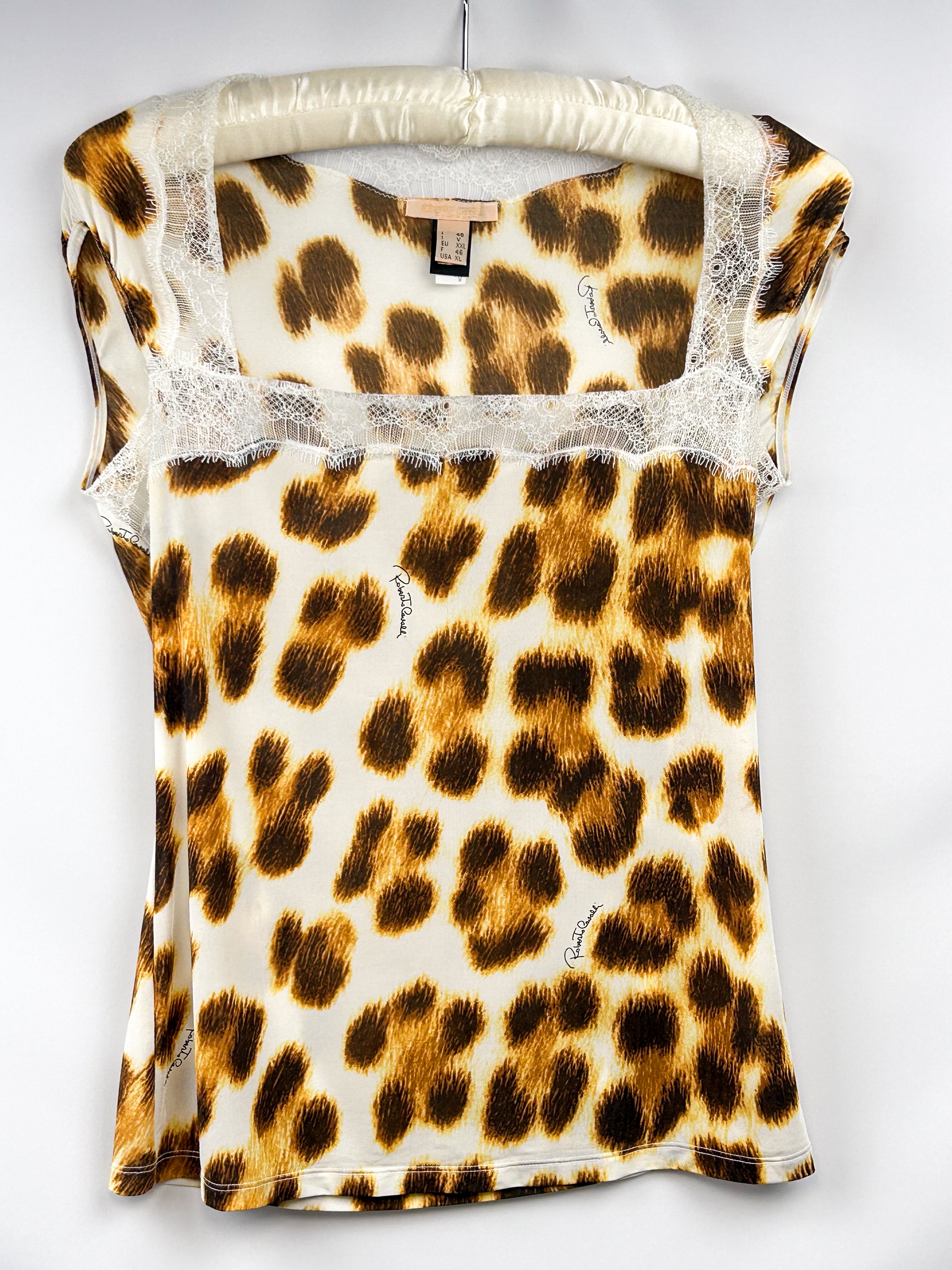 Roberto Cavalli 2000s Leopard Print Lace Trim Top - L