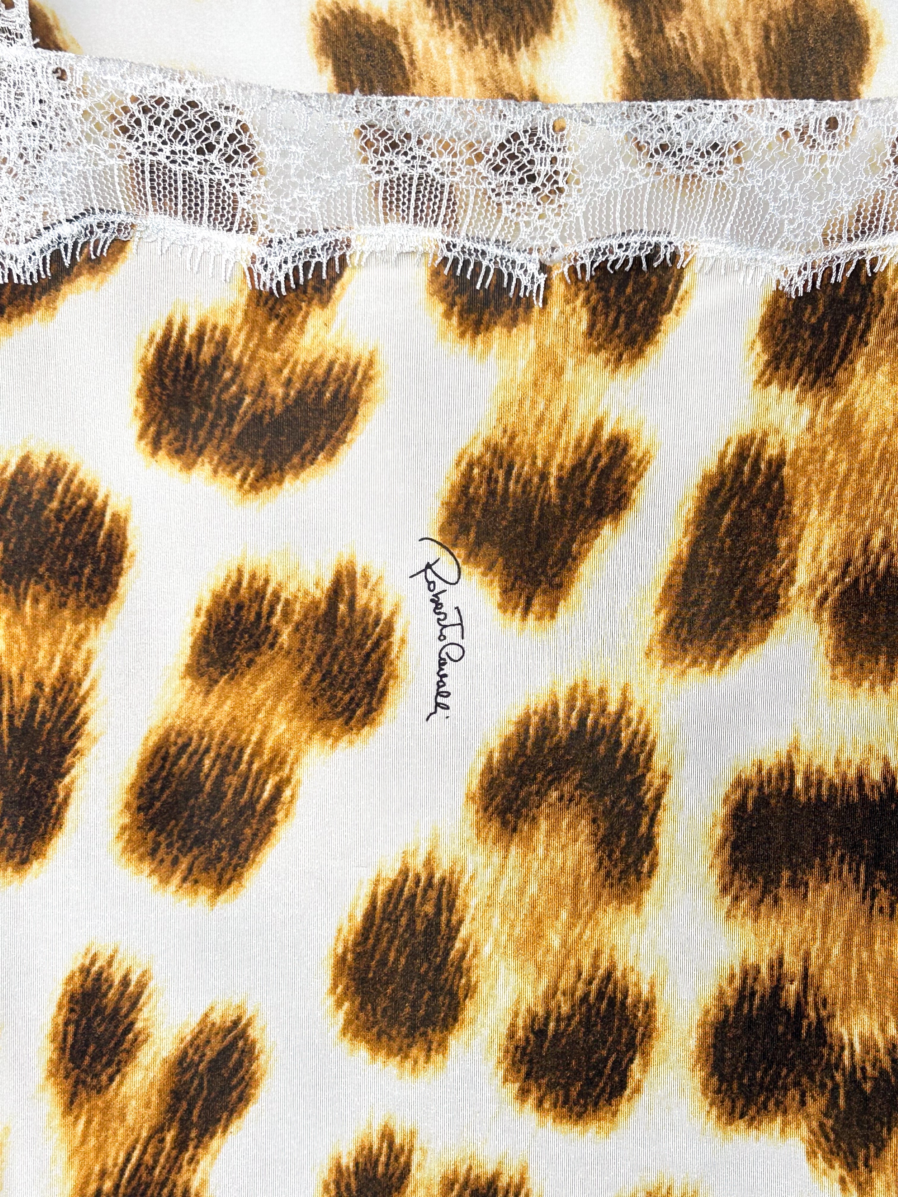 Roberto Cavalli 2000s Leopard Print Lace Trim Top - L