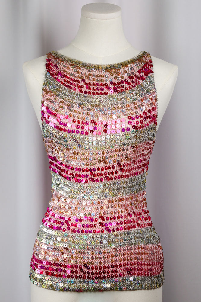 2000s Sequin Crochet Pink and Silver Tank Top