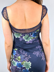 1990s Navy Floral Beaded Silk Gown - M