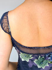 1990s Navy Floral Beaded Silk Gown - M