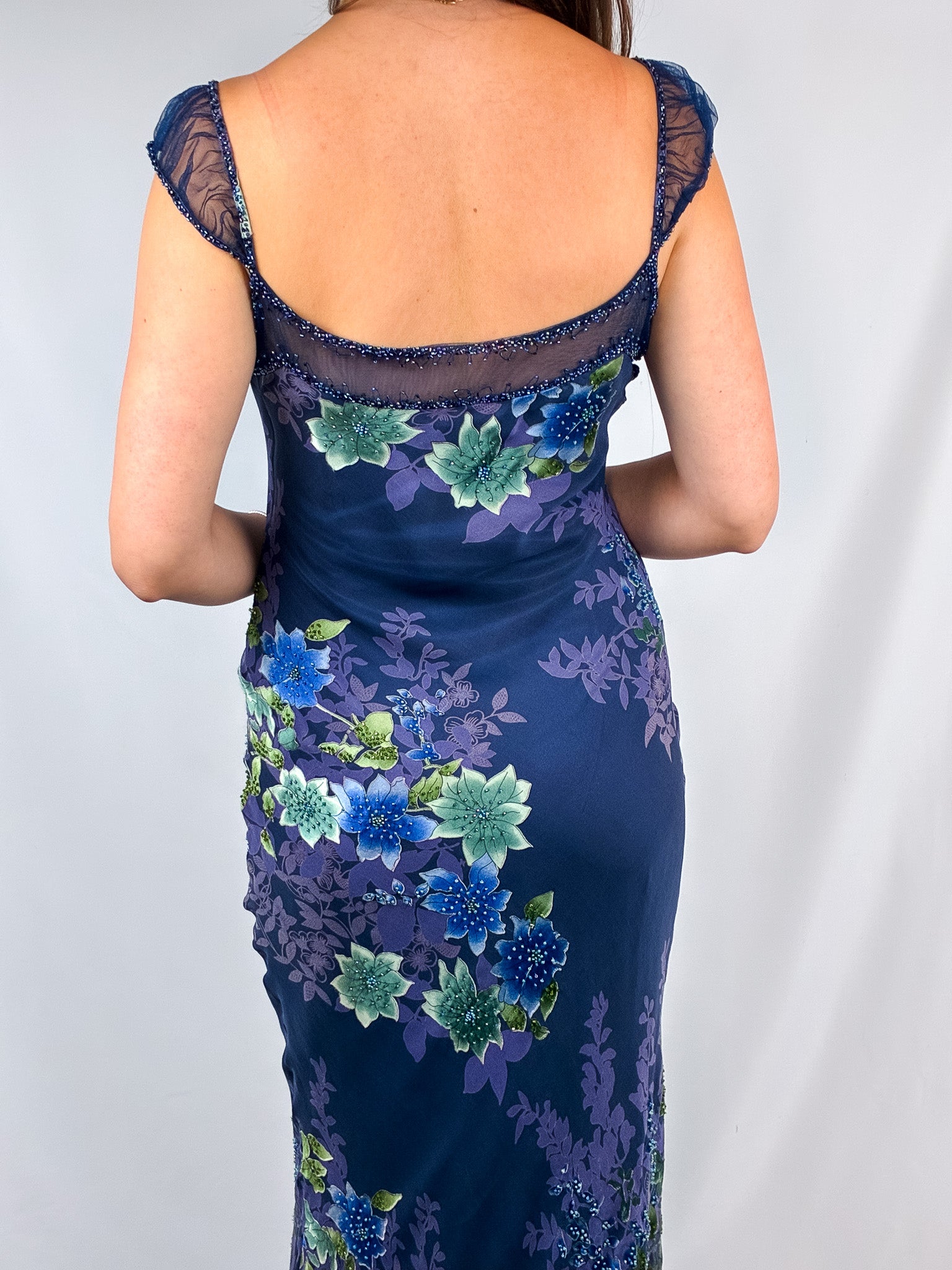 1990s Navy Floral Beaded Silk Gown - M