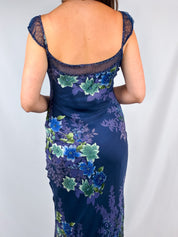 1990s Navy Floral Beaded Silk Gown - M