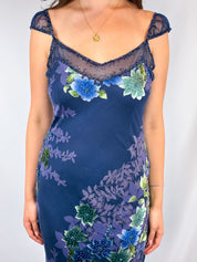 1990s Navy Floral Beaded Silk Gown - M