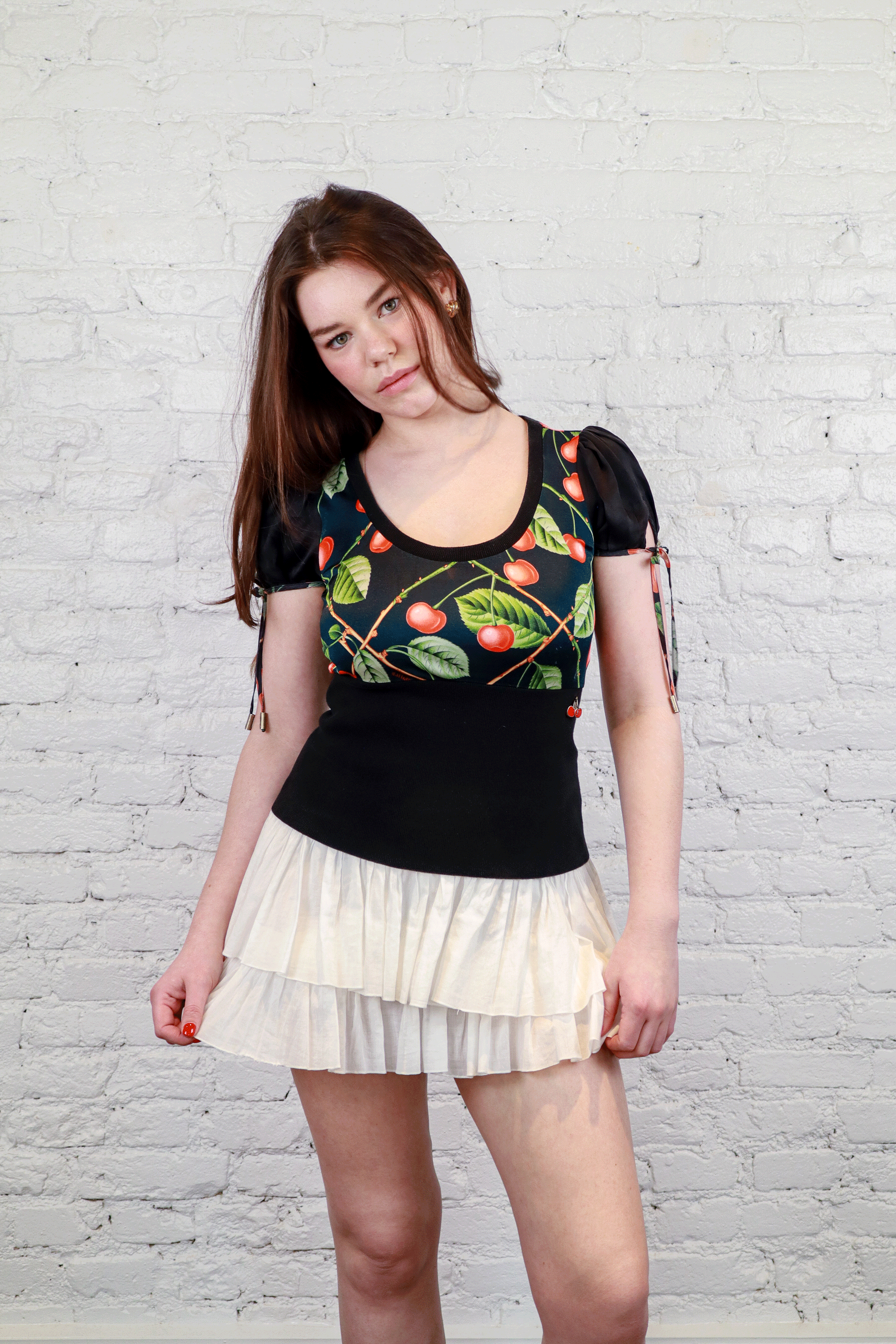 John Galliano Cherry Print Puff Sleeve Top