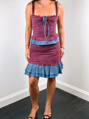 D&G Dolce & Gabbana 2000s Red Tweed Denim Ruffle Bustier & Skirt Set - S/M