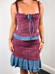 D&G Dolce & Gabbana 2000s Red Tweed Denim Ruffle Bustier & Skirt Set - S/M
