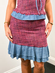 D&G Dolce & Gabbana 2000s Red Tweed Denim Ruffle Bustier & Skirt Set - S/M