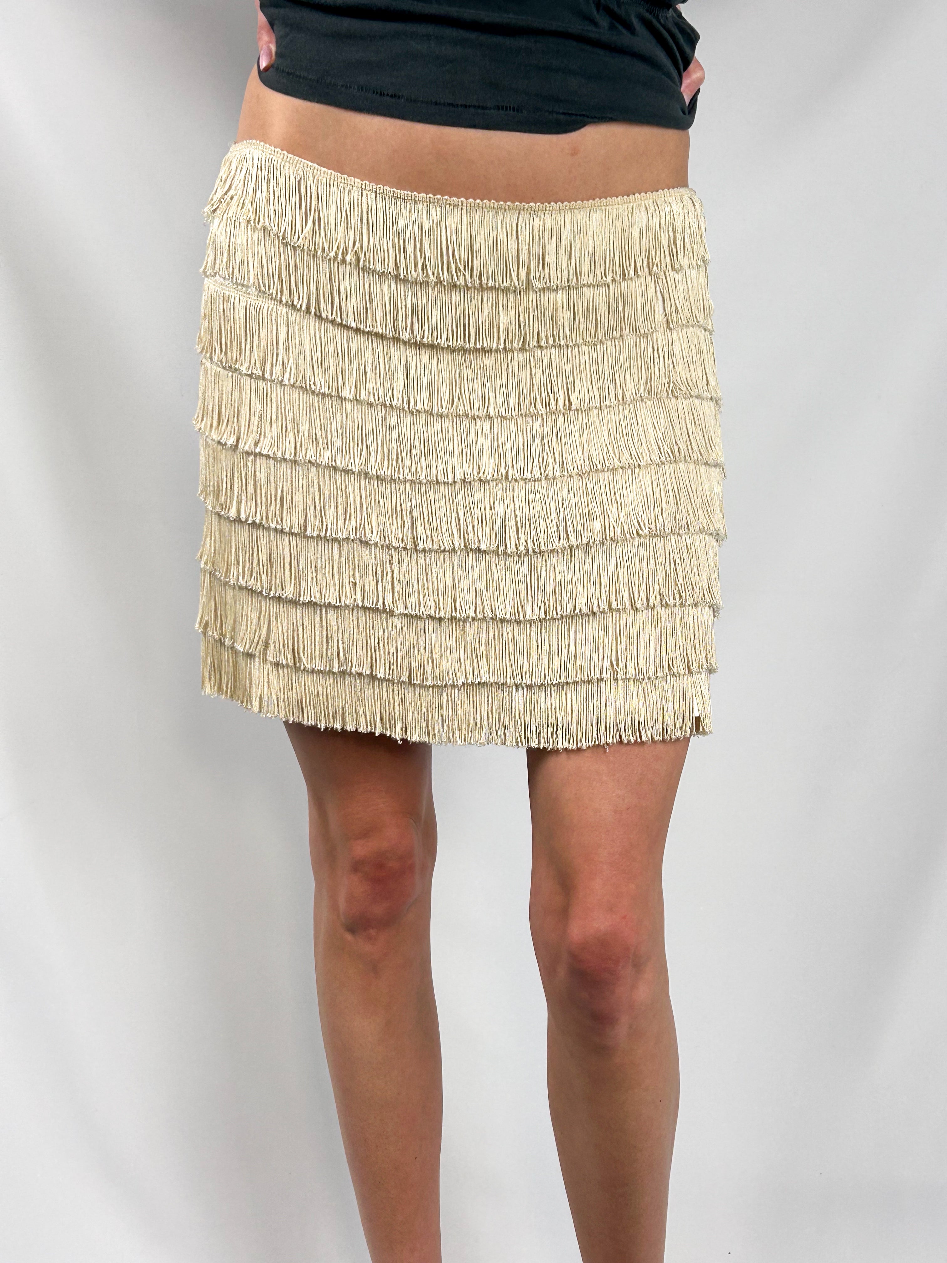 Moschino Jeans 2000s Cream Gold Tiered Fringe Mini Skirt - M