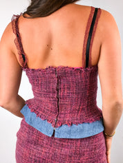 D&G Dolce & Gabbana 2000s Red Tweed Denim Ruffle Bustier & Skirt Set - S/M