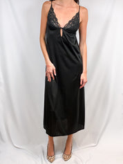 Vintage Black Satin Lace-Trim Maxi Slip Dress - S