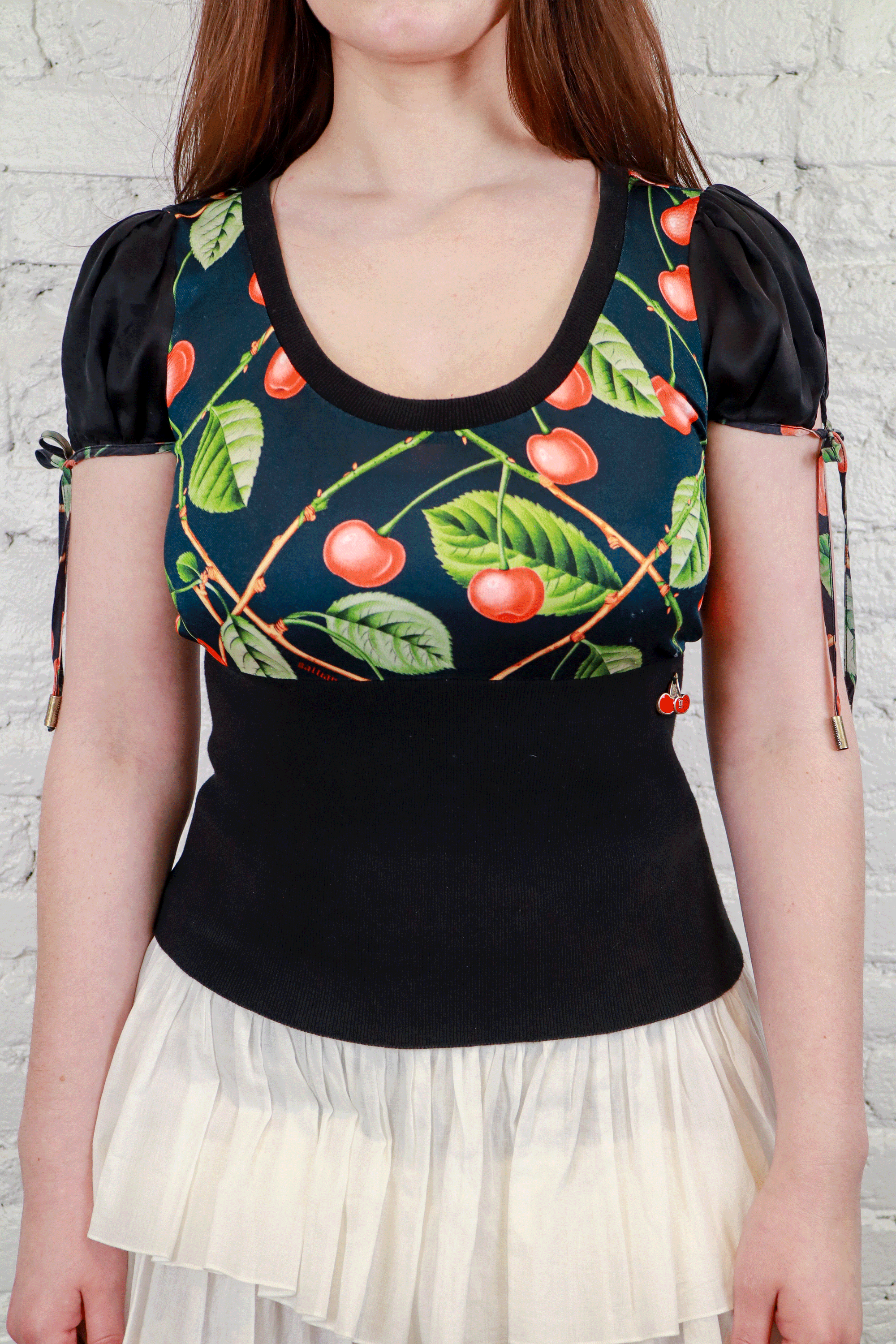 John Galliano Cherry Print Puff Sleeve Top