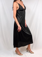 Vintage Black Satin Lace-Trim Maxi Slip Dress - S