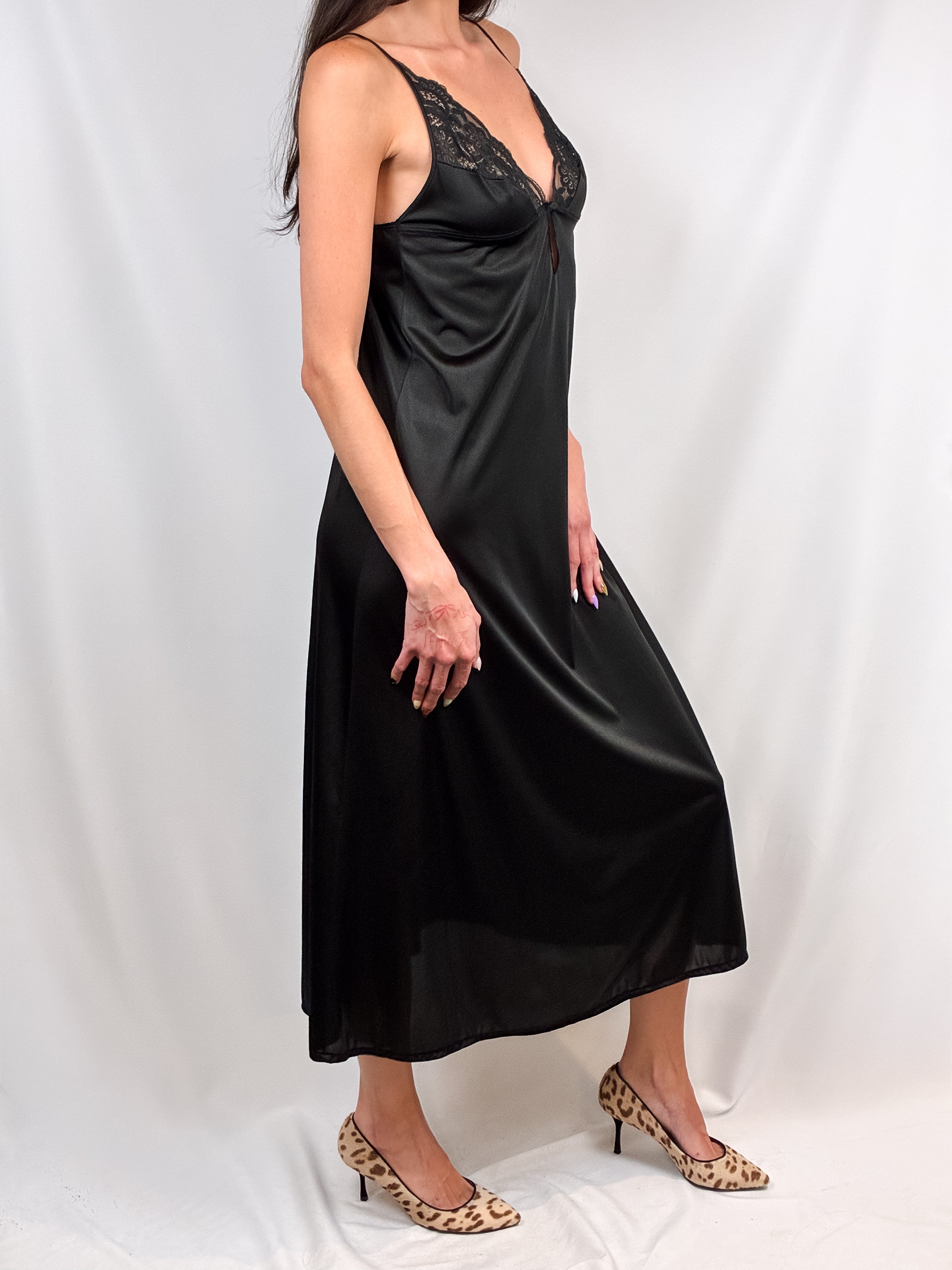 Vintage Black Satin Lace-Trim Maxi Slip Dress - S