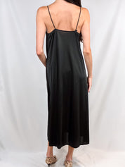 Vintage Black Satin Lace-Trim Maxi Slip Dress - S
