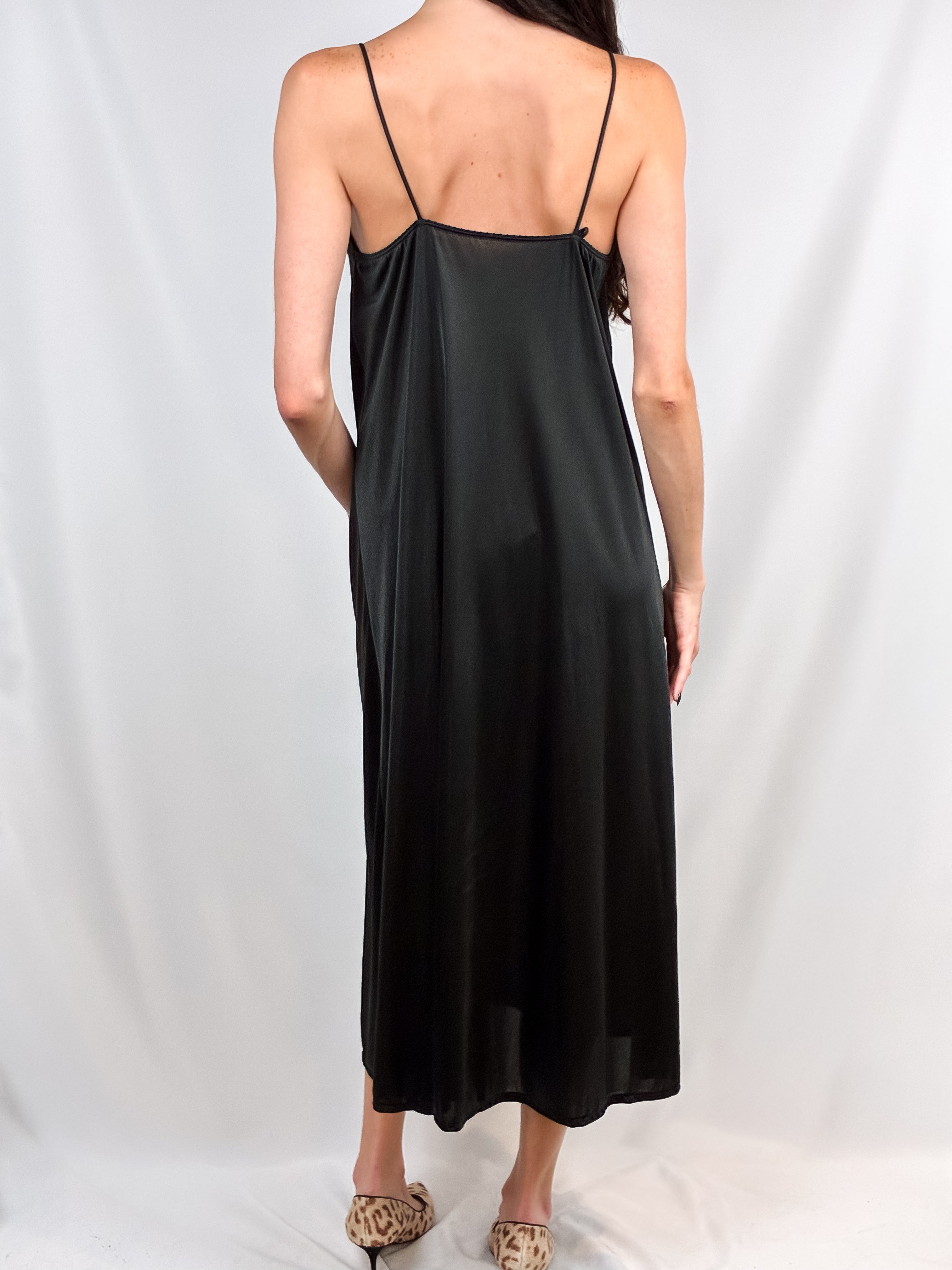 Vintage Black Satin Lace-Trim Maxi Slip Dress - S