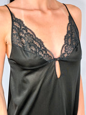 Vintage Black Satin Lace-Trim Maxi Slip Dress - S