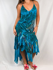 Kasike 2000s Teal Abstract Print Beaded Handkerchief Hem Gown - S