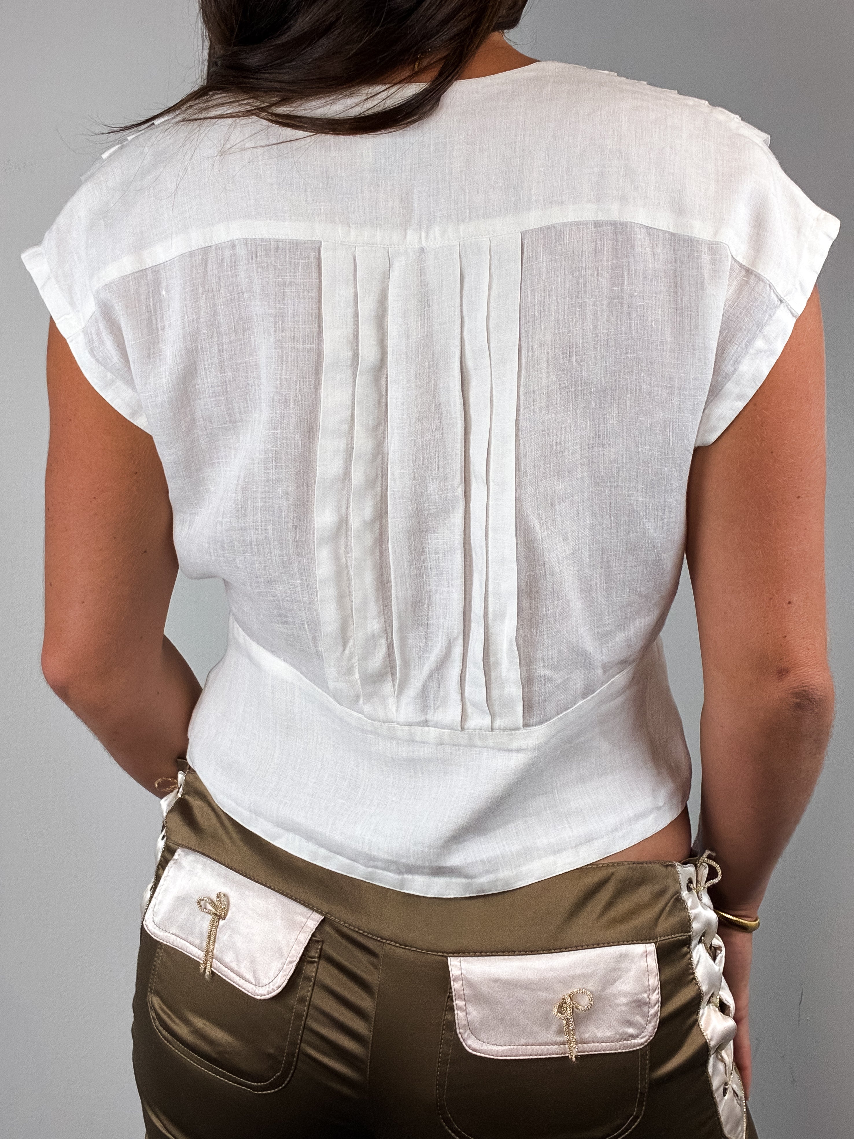 Pennyblack 1990s White Pintucked Linen Wrap Blouse - M