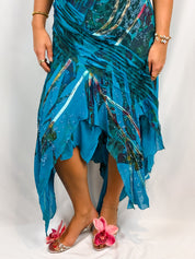 Kasike 2000s Teal Abstract Print Beaded Handkerchief Hem Gown - S