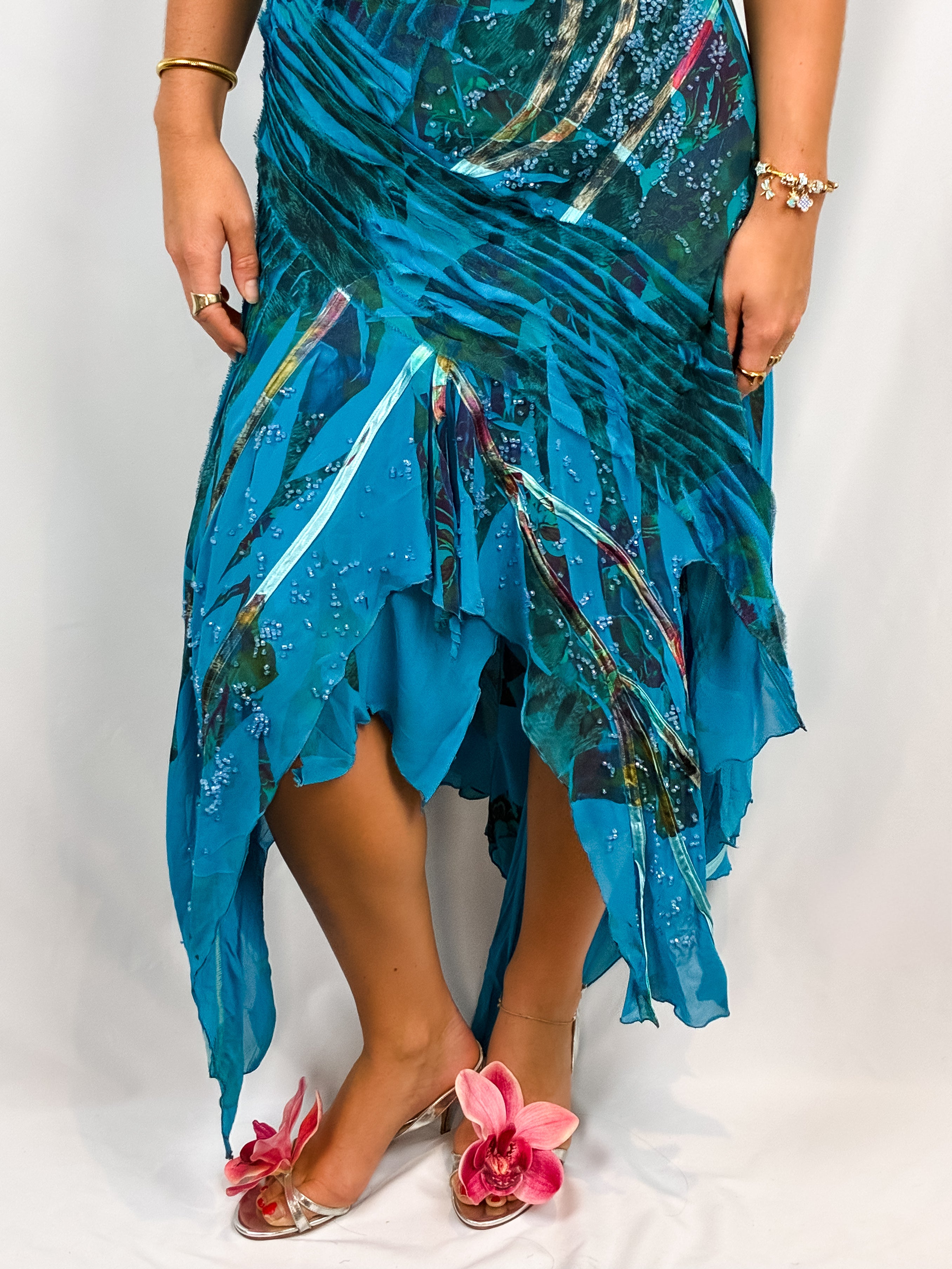 Kasike 2000s Teal Abstract Print Beaded Handkerchief Hem Gown - S