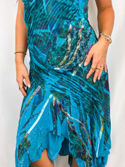 Kasike 2000s Teal Abstract Print Beaded Handkerchief Hem Gown - S