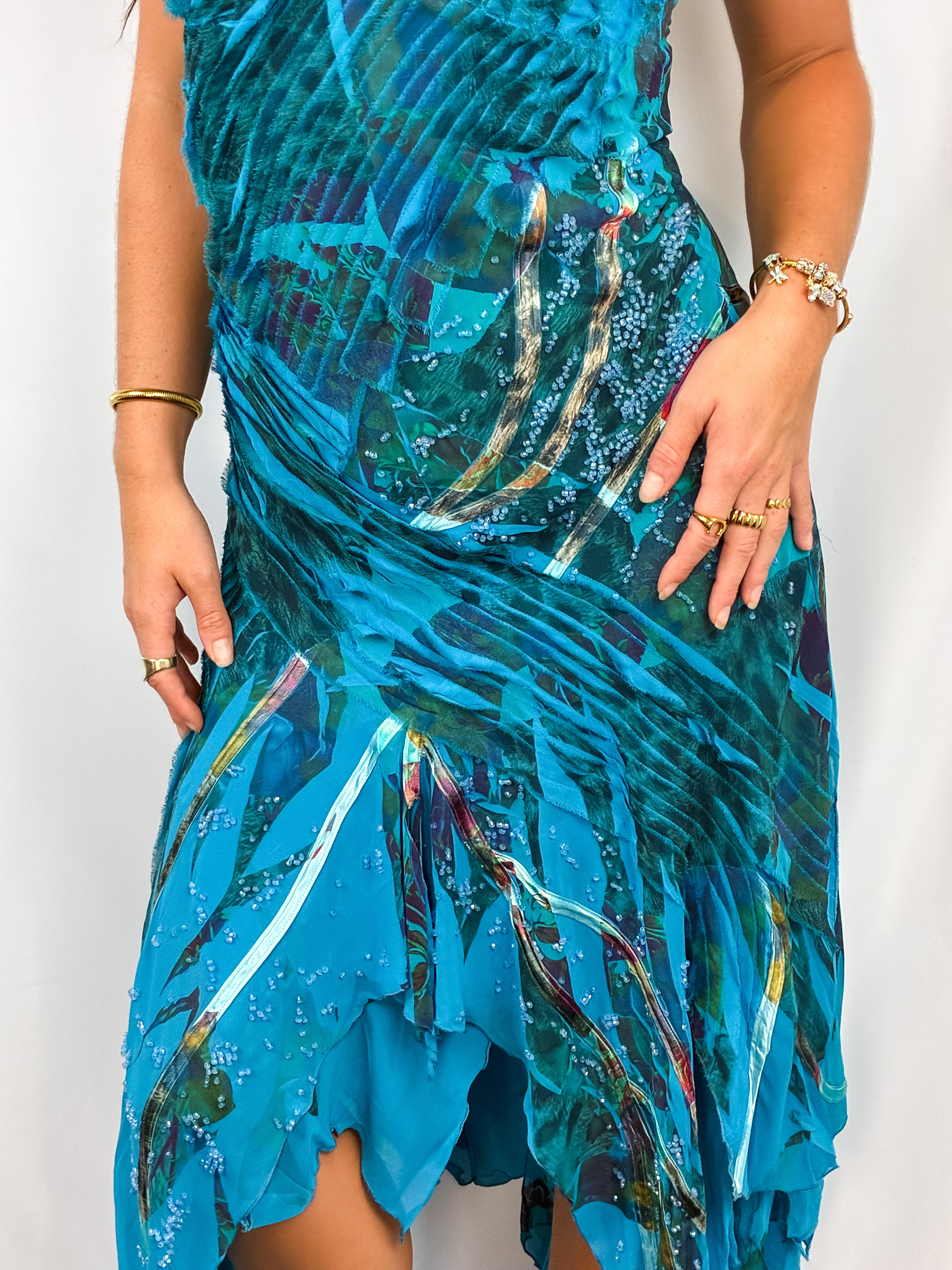 Kasike 2000s Teal Abstract Print Beaded Handkerchief Hem Gown - S