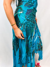 Kasike 2000s Teal Abstract Print Beaded Handkerchief Hem Gown - S