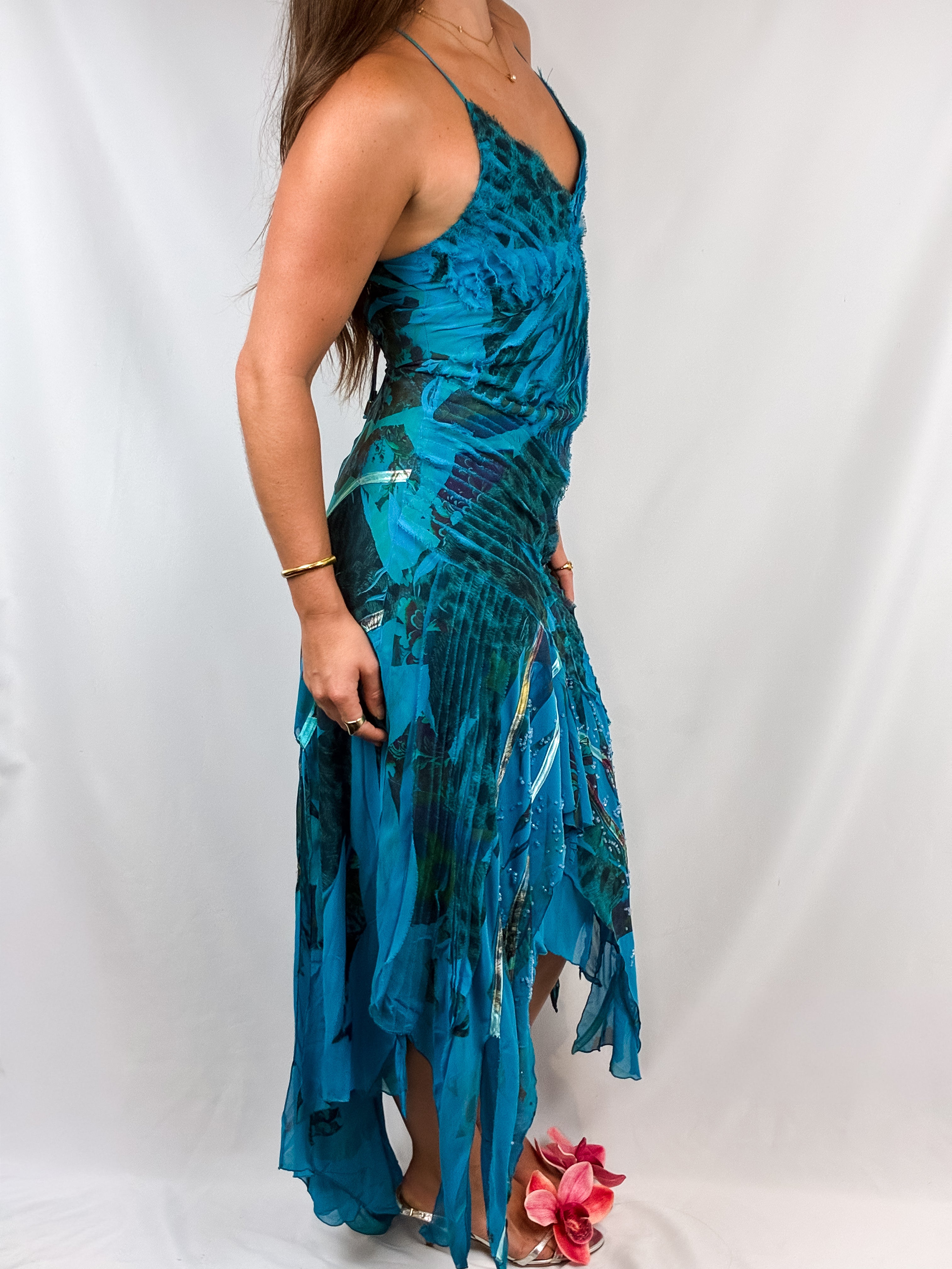 Kasike 2000s Teal Abstract Print Beaded Handkerchief Hem Gown - S