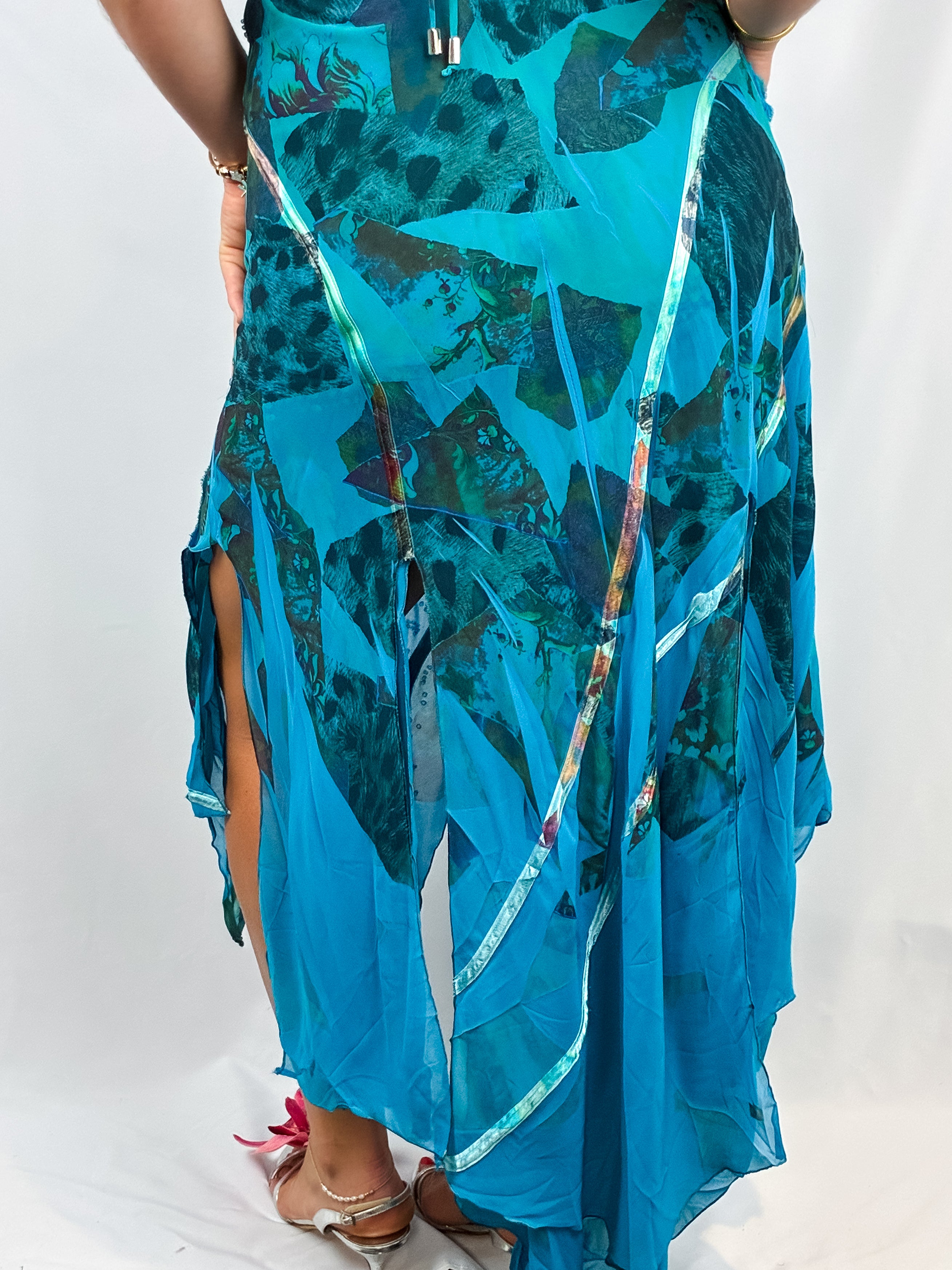 Kasike 2000s Teal Abstract Print Beaded Handkerchief Hem Gown - S
