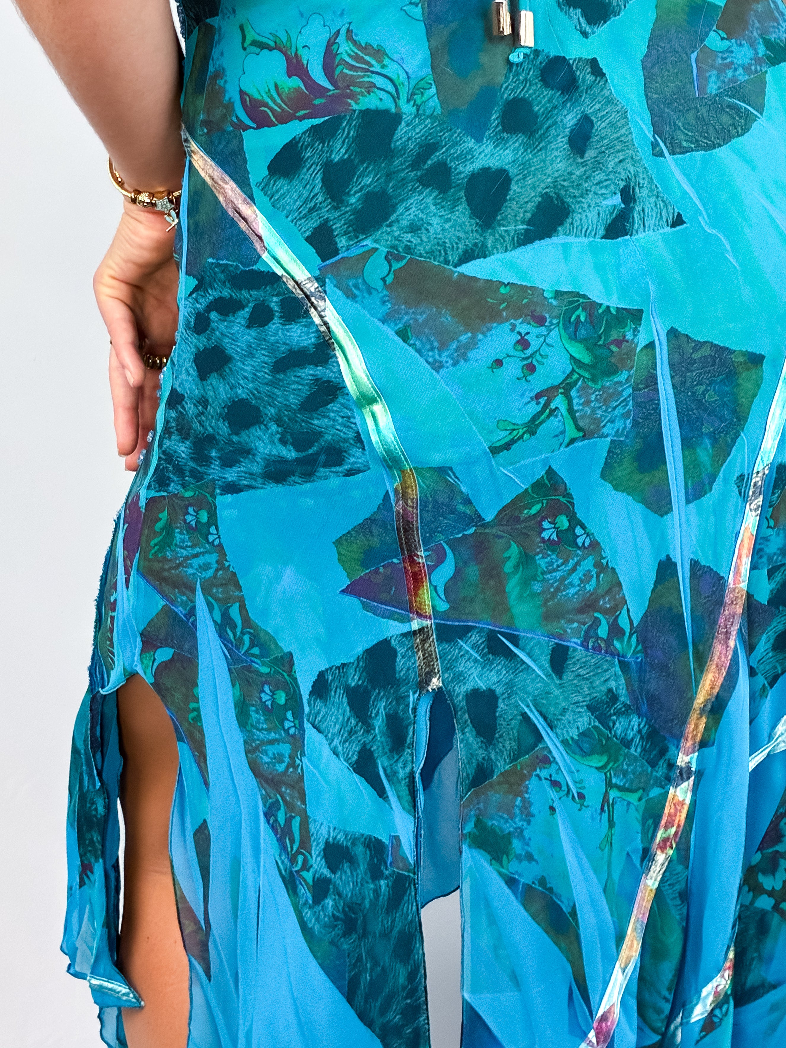 Kasike 2000s Teal Abstract Print Beaded Handkerchief Hem Gown - S
