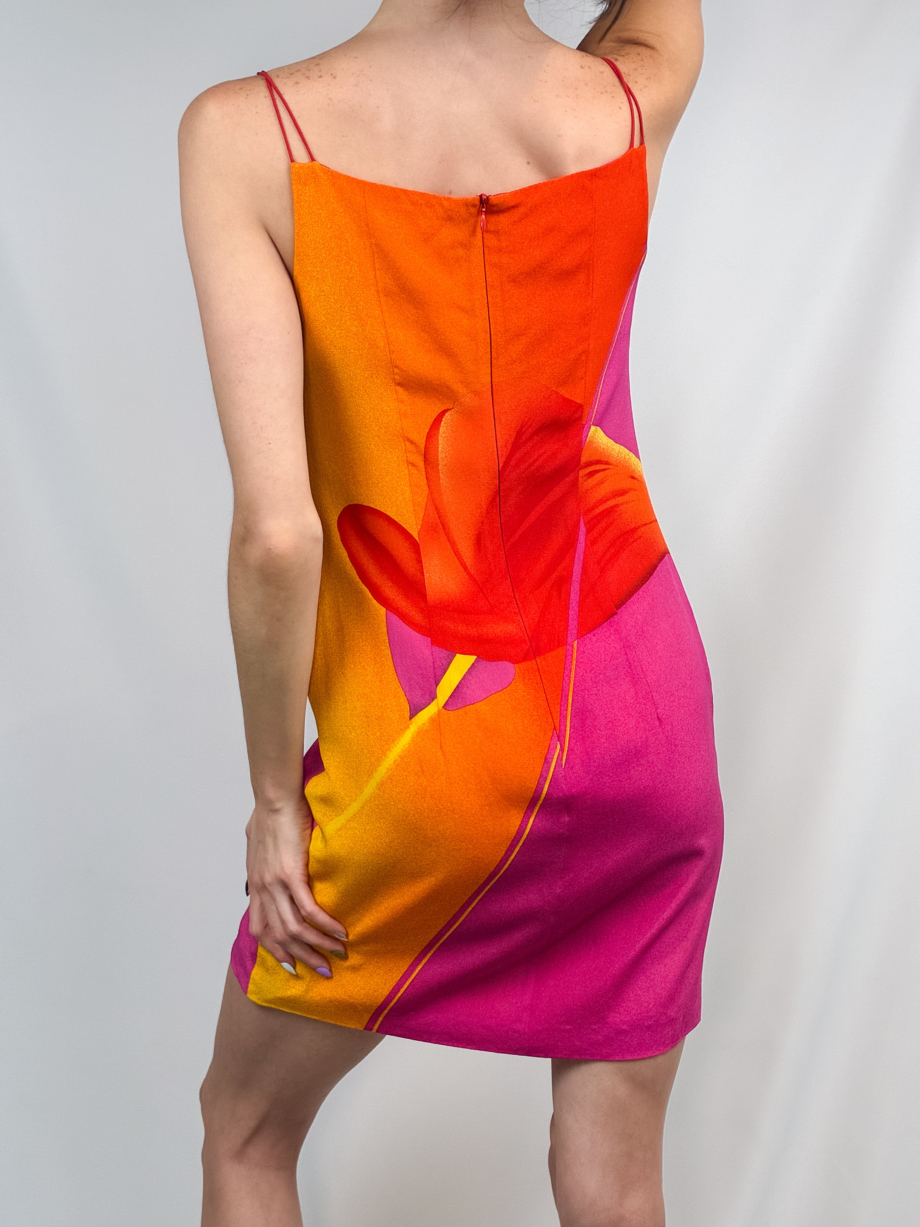 Laurèl 2000s Pink & Orange Anthurium Print Silk Slip Mini Dress - S