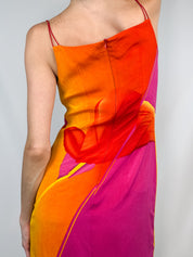 Laurèl 2000s Pink & Orange Anthurium Print Silk Slip Mini Dress - S