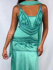 Vintage 2000s Teal Beaded Chiffon Gown with Scarf - XS