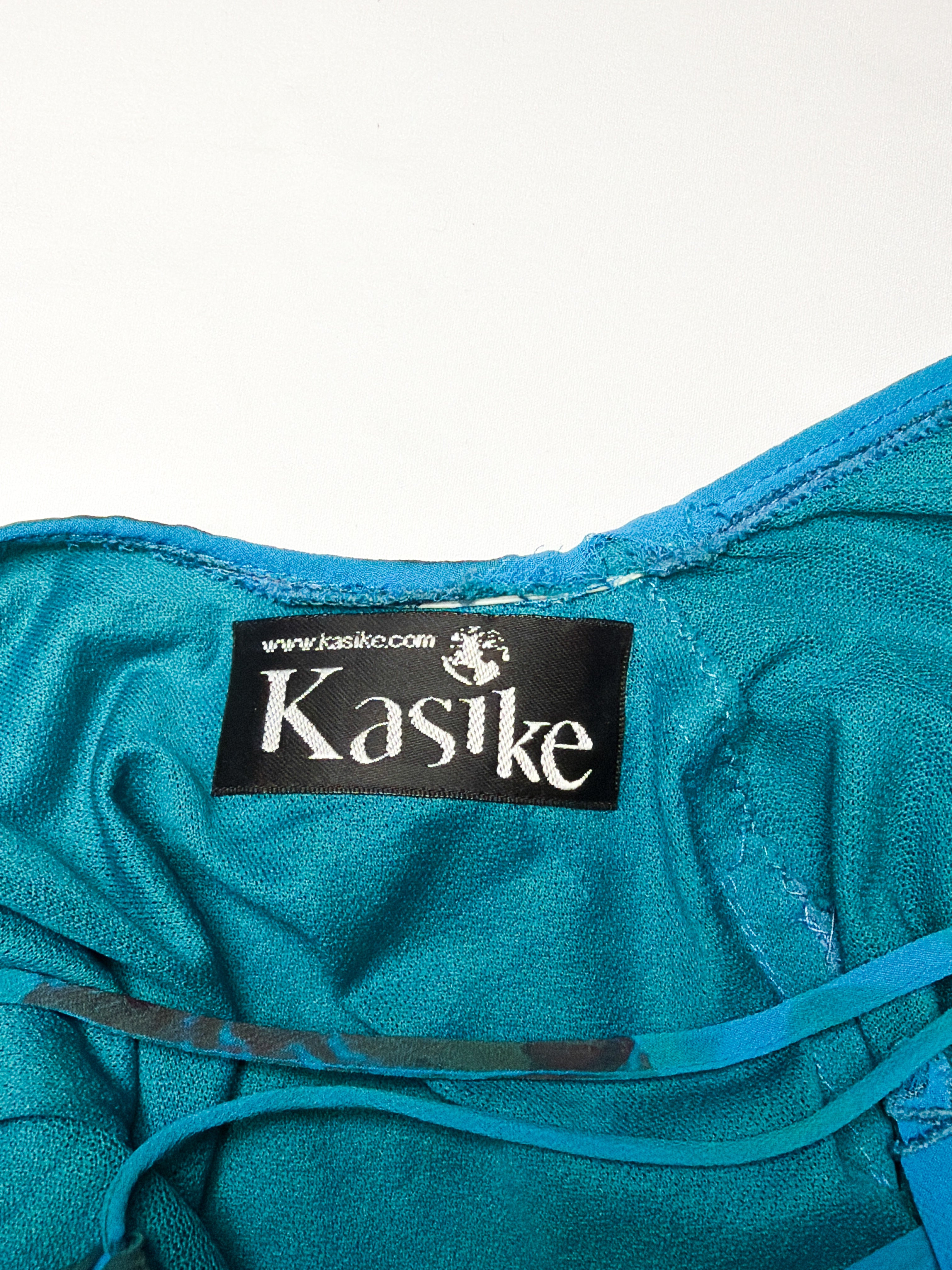 Kasike 2000s Teal Abstract Print Beaded Handkerchief Hem Gown - S