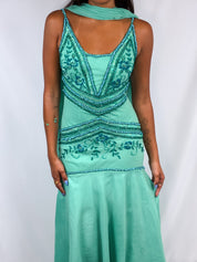 Vintage 2000s Teal Beaded Chiffon Gown with Scarf - XS