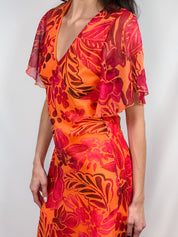 2000s Orange & Red Tropical Floral Flutter-Sleeve Dress - M