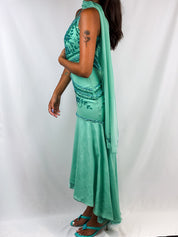 Vintage 2000s Teal Beaded Chiffon Gown with Scarf - XS