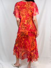 2000s Orange & Red Tropical Floral Flutter-Sleeve Dress - M