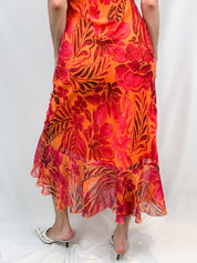 2000s Orange & Red Tropical Floral Flutter-Sleeve Dress - M