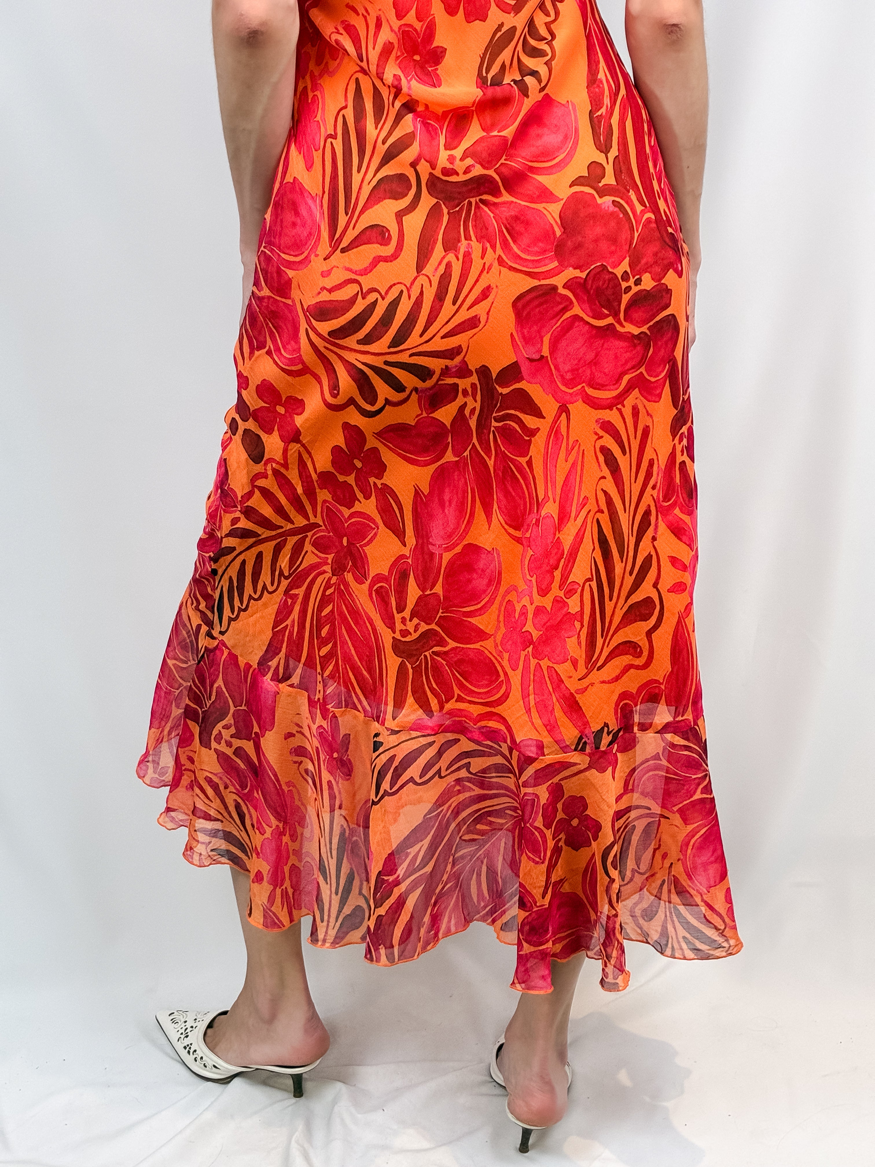 2000s Orange & Red Tropical Floral Flutter-Sleeve Dress - M
