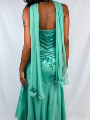 Vintage 2000s Teal Beaded Chiffon Gown with Scarf - XS