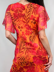 2000s Orange & Red Tropical Floral Flutter-Sleeve Dress - M