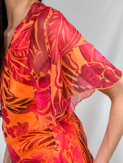 2000s Orange & Red Tropical Floral Flutter-Sleeve Dress - M