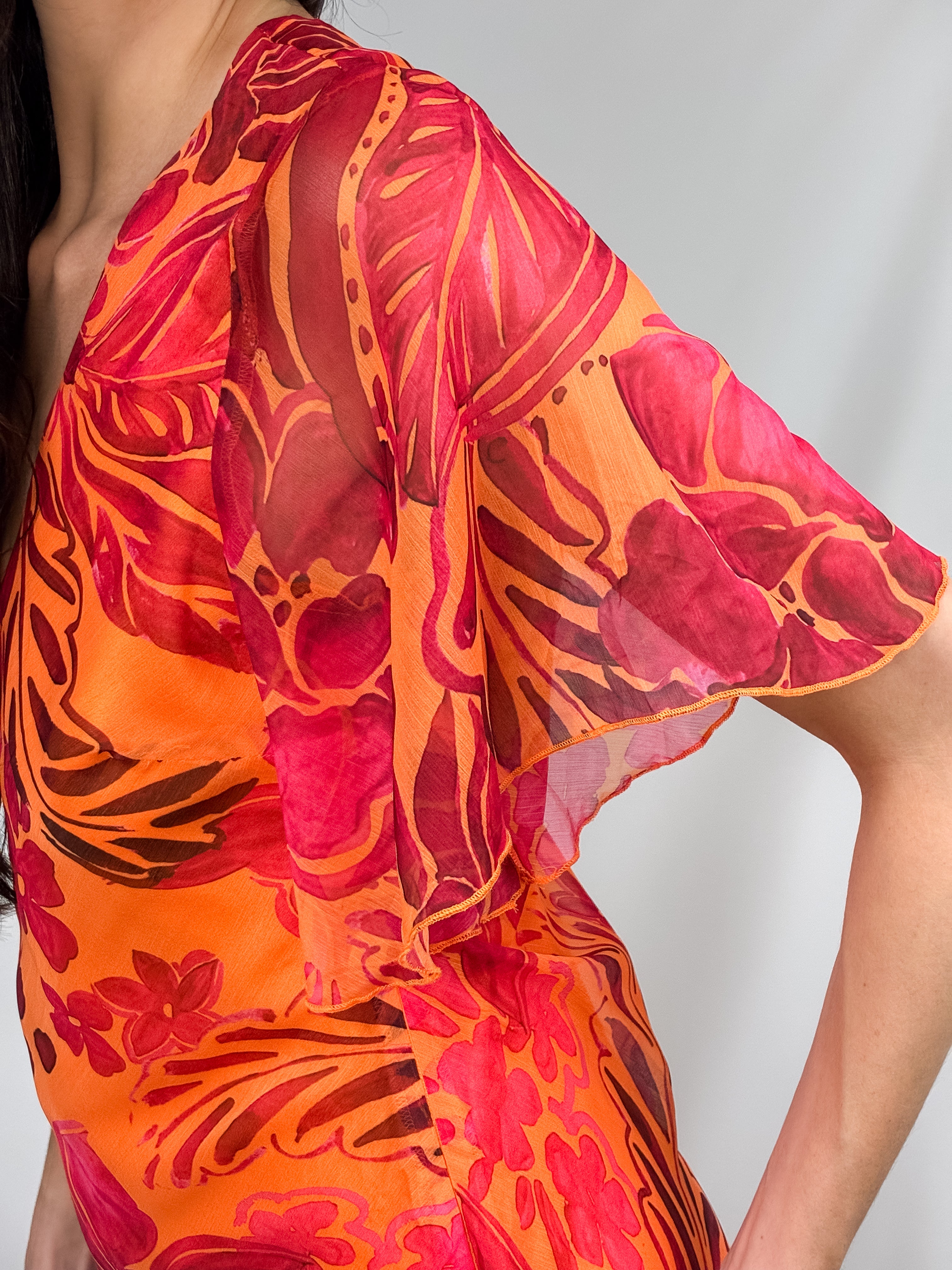 2000s Orange & Red Tropical Floral Flutter-Sleeve Dress - M