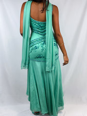 Vintage 2000s Teal Beaded Chiffon Gown with Scarf - XS