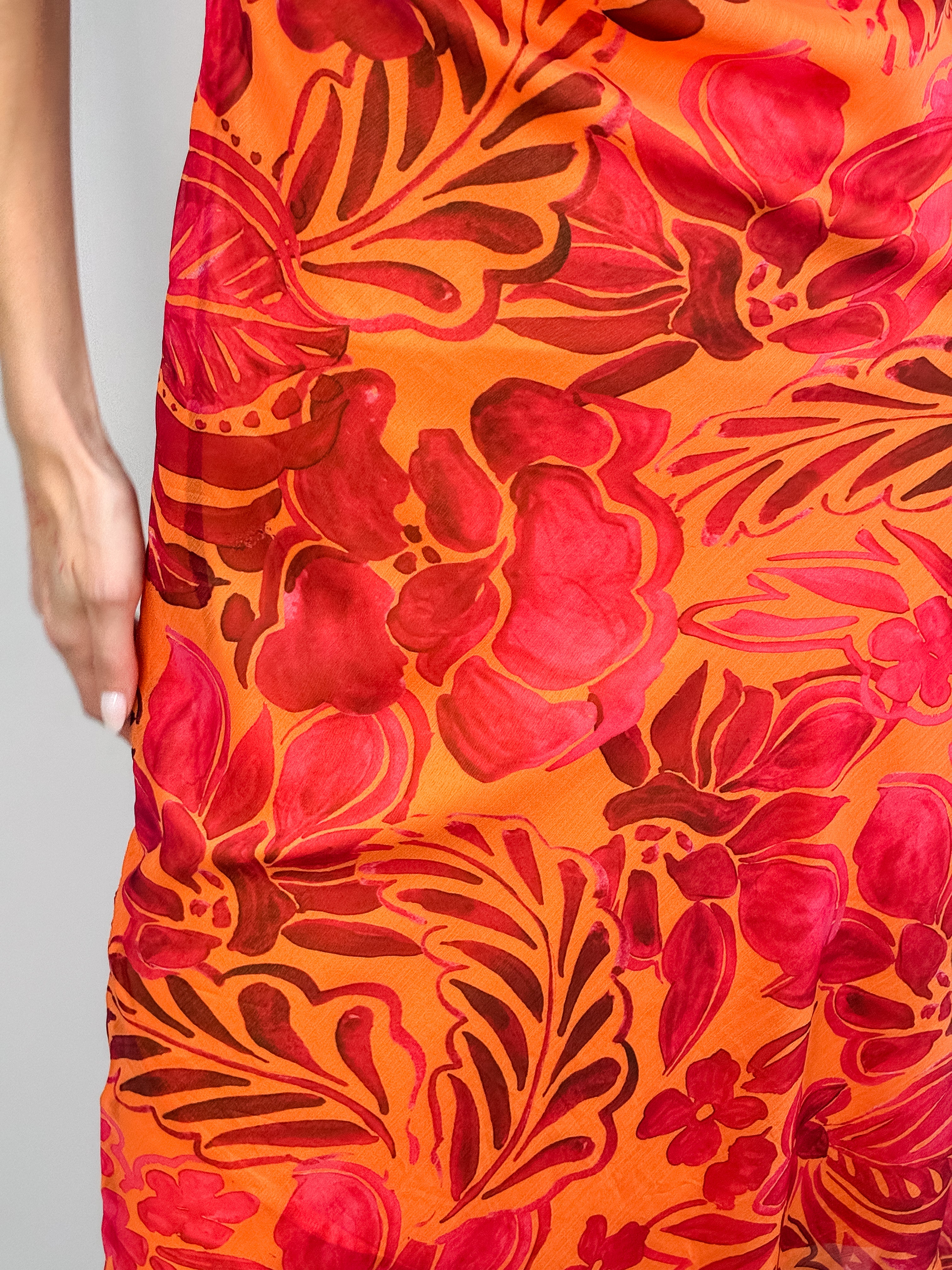 2000s Orange & Red Tropical Floral Flutter-Sleeve Dress - M